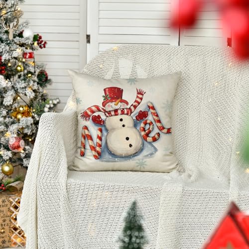 Red Christmas Snowman Candy Cane Throw Pillow Cover 18x18 Holiday Decor