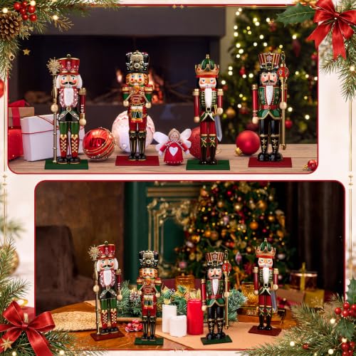 4 Pcs Wooden Christmas Nutcracker Tabletop Decor - 9.85 Inch Holiday Soldier Set