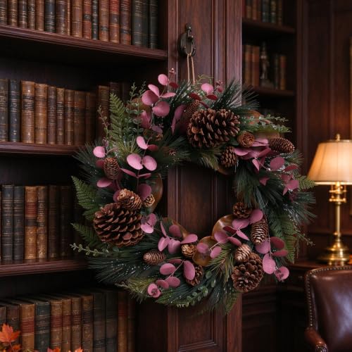TEMPUS 20in Winter Wreath Magnolia & Red Eucalyptus with Pine Cones — Front Door Decor