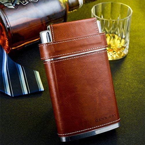 GENNISSY 8oz Hip Flask for Men Brown Leather Wrap - Leakproof Stainless Steel Gift Set with Funnel & Mini Cups