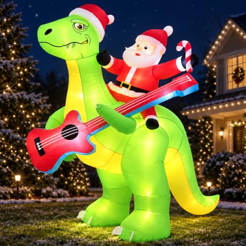 Moerge 5.7ft Santa Riding Dinosaur Inflatable with 8 LED Lights - Outdoor Christmas Decor