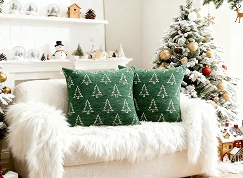 20x20 Reversible Christmas Pillow Covers Set of 2 - Green Snowflake & Tree