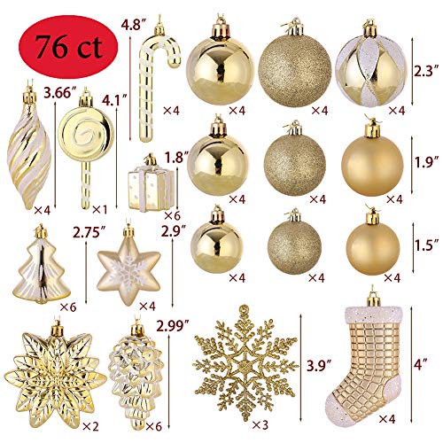 Gold Shatterproof Christmas Tree Ornaments Set - 76 Pack Hanging Baubles