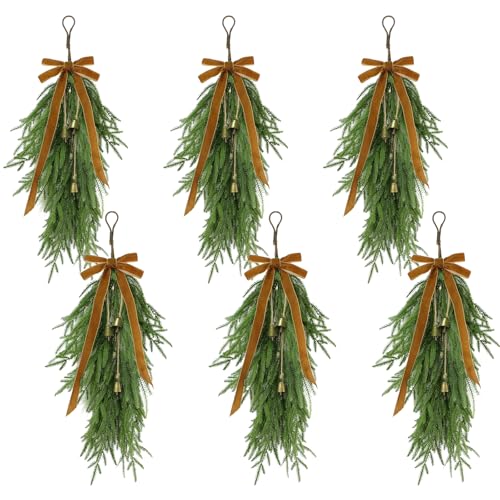 27-Inch Artificial Norfolk Pine Christmas Teardrop Swag with Velvet Bows & Bells