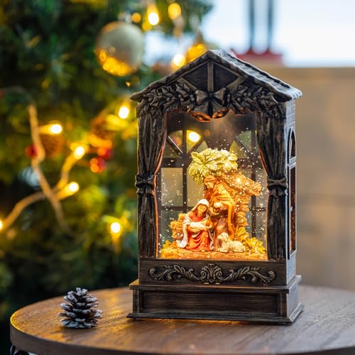 Musical Nativity Scene Lighted Snow Globe Lantern with Swirling Glitter