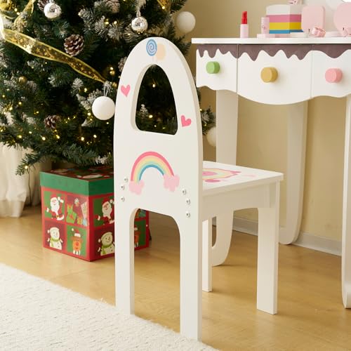 Kids Vanity Table Set with Stool and 7 Makeup Accessories, Rainbow Design