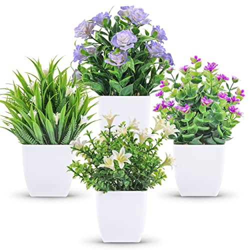 4 Pack Small Artificial Potted Plants with Flowers for Home Decor