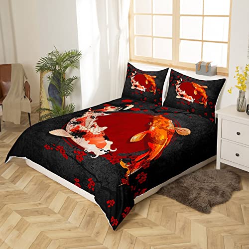Manfei Koi Fish Duvet Cover Set Full 80x90 - 2 Pillowcases, Red Black 3D Print