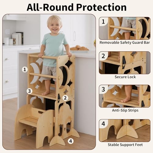4-in-1 Toddler Kitchen Stool Helper with Blackboard and Detachable Chair