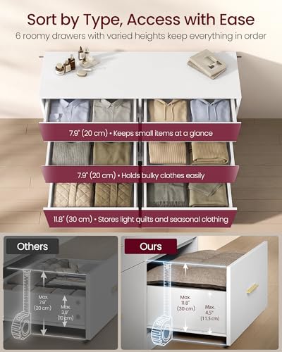 6-Drawer Dresser Chest with Gold Handles, Modern Storage Tower in White