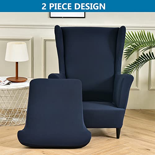 Stretch Spandex Wingback Chair Slipcovers - 2 Piece Set, Navy Blue