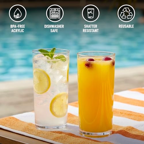 16oz Shatterproof Acrylic Drinking Glasses - Set of 12 Clear Water Tumblers