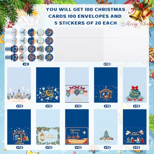 Gersoniel 100 Sets Christian Christmas Cards with Envelopes & Stickers | Nativity Theme Bulk