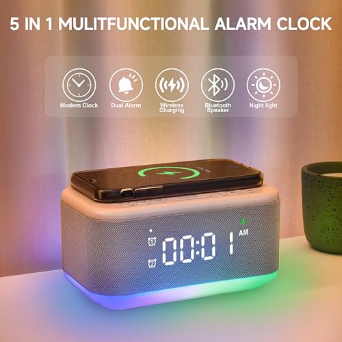 Digital Alarm Clock with Bluetooth Speaker, RGB Night Light & Wireless Charger