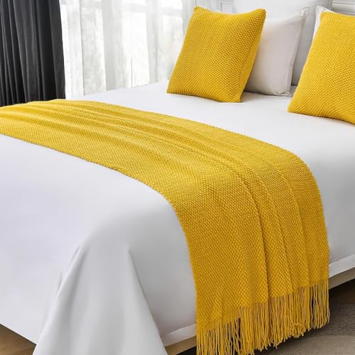 Yellow Bed Runner Scarf with Tassels King Size Bedding Throw for Home & Hotel