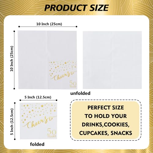 Vuzvuv 52 Pcs 50th Birthday Cocktail Napkins - Confetti White with Gold Dots, 3-Ply, 5" Folded, Cheers to 50 Years Party Supplies
