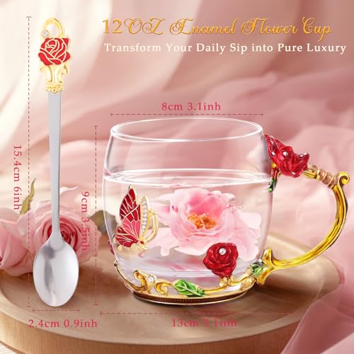 MNZZ Women's Short Red Glass Tea Coffee Mug Set with Spoon - Gift Idea