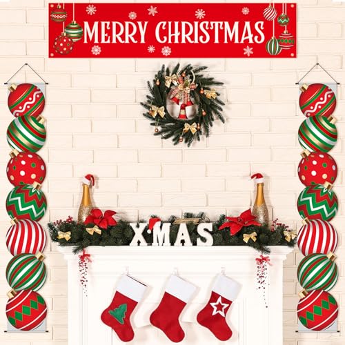 Buryeah 3 Pcs Christmas Door Decorations Outdoor Ball Banner Set - Red & Green
