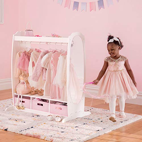 Kids Wooden Dress Up Storage Rack with Mirror and Fabric Bins