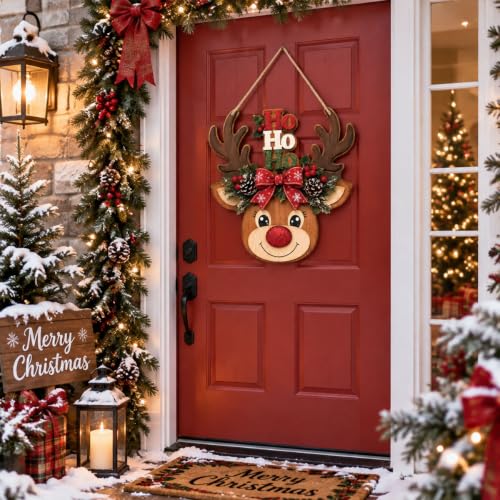 Christmas Reindeer Door Hanging Sign with HO HO HO - Holiday Decor, Rustic Christmas Door Ornament, Reindeer Christmas Decoration - Mokesova
