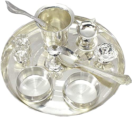 Silver Plated Pooja Thali Set 8 Inch Festival Ethnic Puja Gift for