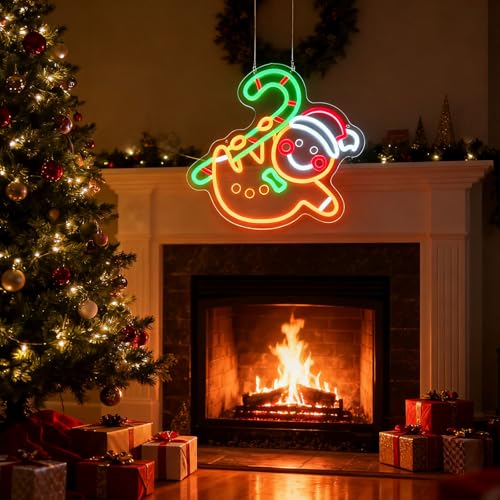 UHEBU Gingerbread Man & Candy Cane Whimsical LED Neon Sign - Christmas Home Decor