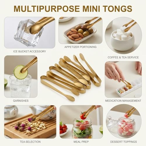 Gold Mini Serving Tongs 8 Pack - Small Stainless Steel Appetizer & Dessert Tongs