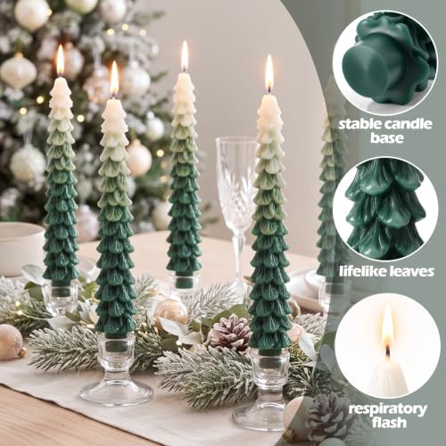 Funtery 6-Pack 10 Inch Layered Christmas Tree Candles in Forest Green Ombre - Real Wax