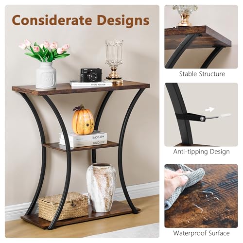 3-Tier Narrow Console Table, Rustic Wood Entryway Sofa Table with Metal Frame