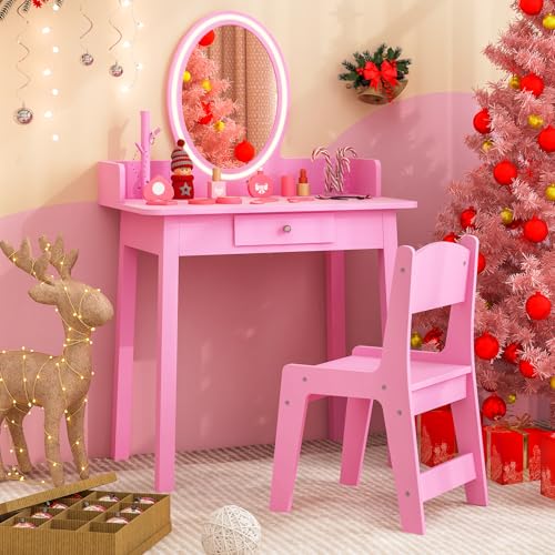 Kids Vanity Table and Chair Set with LED Lighted Mirror and Storage Drawer