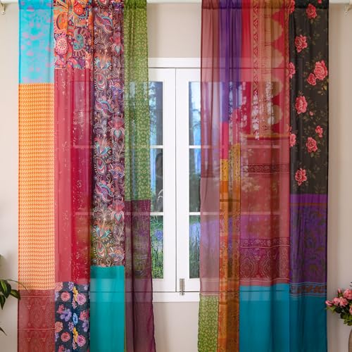 Multicolor Indian Silk Blend Sari Curtains - 2 Panels 84x42 Inches