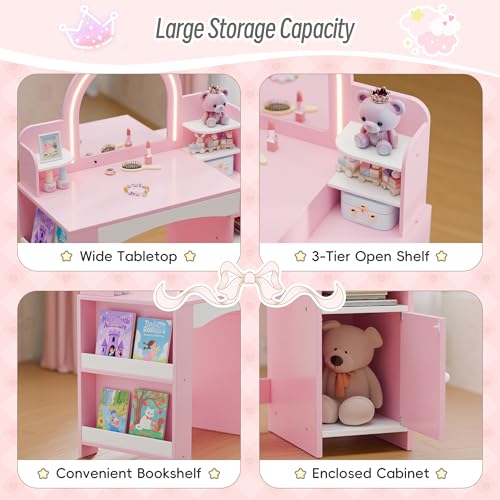 Kids Vanity Table Set with Lighted Mirror, Bookshelf and Stool (Pink)