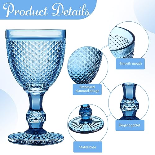 12-Piece Vintage Blue Glass Goblet Set, 10 oz Embossed Diamond Wine Glasses