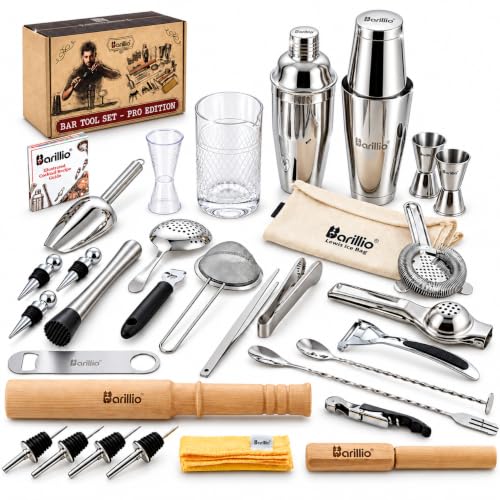Barillio Silver Pro Cocktail Bar Tool Set - 32-Piece Mixology Bartender Kit with Boston Shaker & Muddler