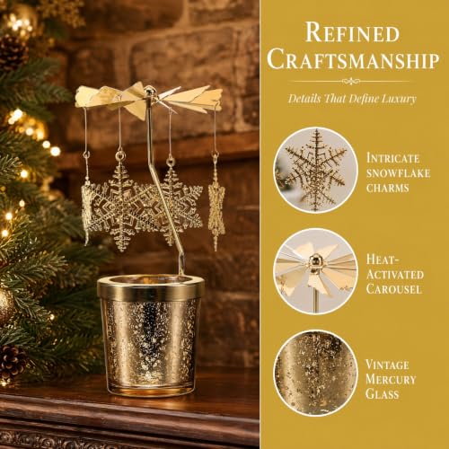 Rotating Christmas Carousel Candle Holder (2 Pack) - Gold Snowflake Tea Light Spinner