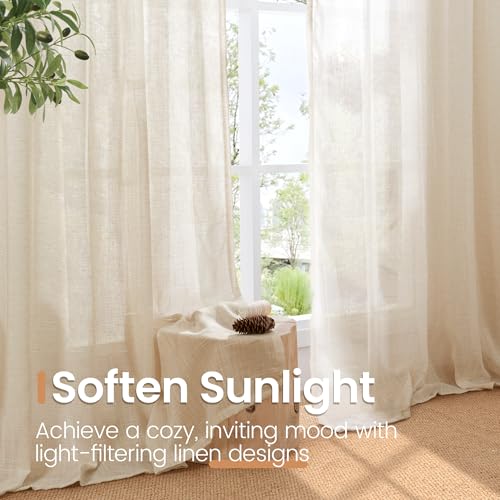 Light Filtering Burlap Linen Kitchen Curtains - 36 Inch, 2 Panels Set