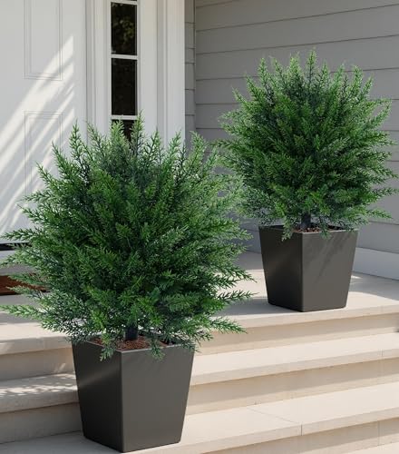 27.6-Inch Artificial Cedar Topiary Tree, UV-Resistant Faux Cypress Set of 2