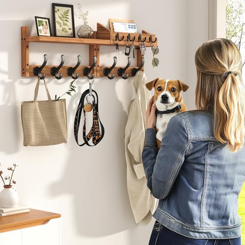 29-Inch Wall Mounted Coat Rack with Shelf and 11 Hooks, Wood Entryway Organizer