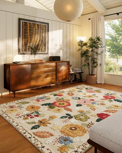5x7 Washable Area Rug, Vintage Floral Non-Slip Faux Wool Rug for Living Room