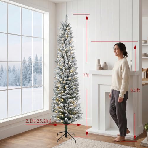 MAKEATREE 7ft Pre-Lit Slim Flocked Artificial Christmas Tree - Sectional, Warm LED Lights