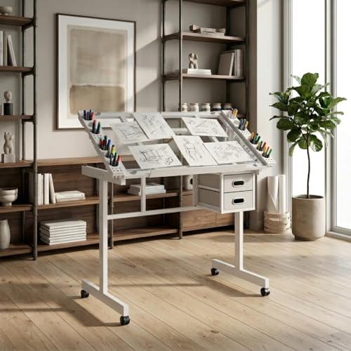 Adjustable Glass Top Drawing Table with Storage Drawers & Wheels