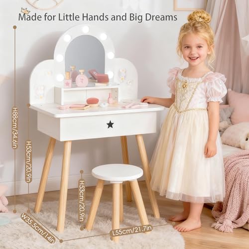 Kids Wooden Vanity Set with Lighted Mirror and 11 Makeup Accessories