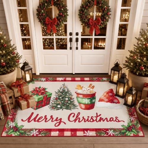 Ileading Christmas Indoor Doormat 32x48in Red Merry Xmas – Washable Mud & Dirt Absorbent