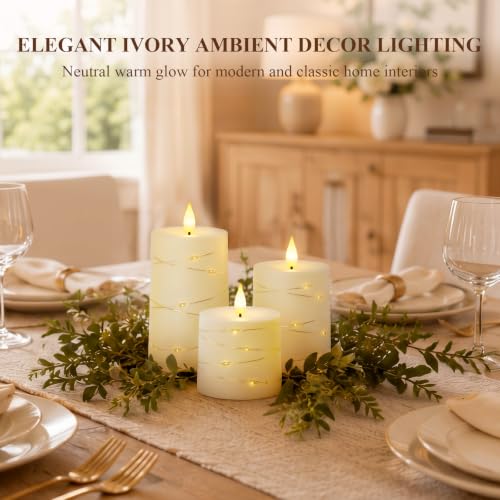 Homemory Ivory Flameless Candles with 3D Wicks & String Lights (Set of 3) Remote, Timer, 2.9/3.5/4.5in