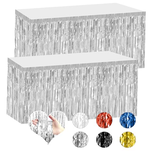 2-Pack Silver Foil Fringe Table Skirts - 29.5 x 108 Inch Disposable Decor