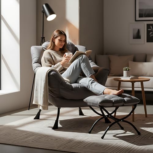 Ergonomic Lazy Lounge Chair with Foldable Ottoman, Dark Grey
