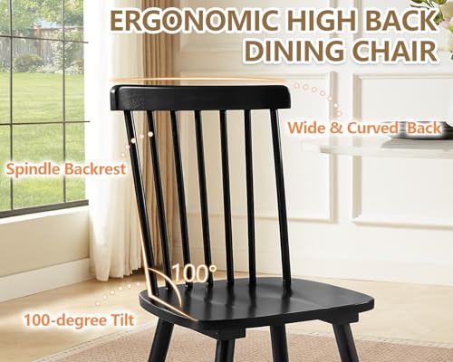 Windsor Dining Chairs Set of 6, Solid Wood Spindle Back Kitchen Chairs, Black