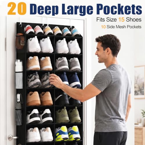 10-Tier Over-the-Door Shoe Organizer with Side Mesh Pockets, Black