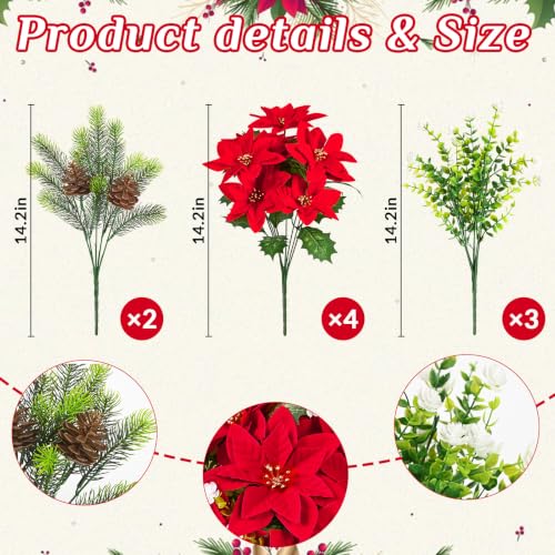 Waipfaru 9-Pack Poinsettias Flowers - 14'' Red Velvet Faux Christmas Bushes for Outdoors