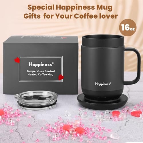 Happiness 16oz Self-Heating Coffee Mug with Temperature Control & Spill-Resistant Lid - Black